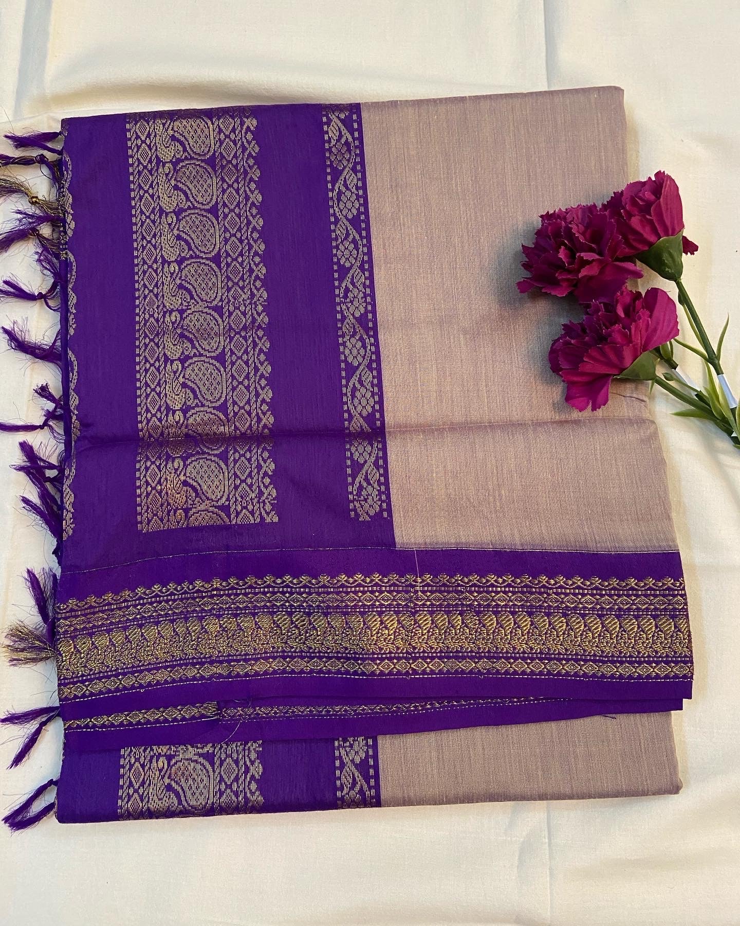 Saree-Kalyani cotton Grey & Purple – Pasha Studio