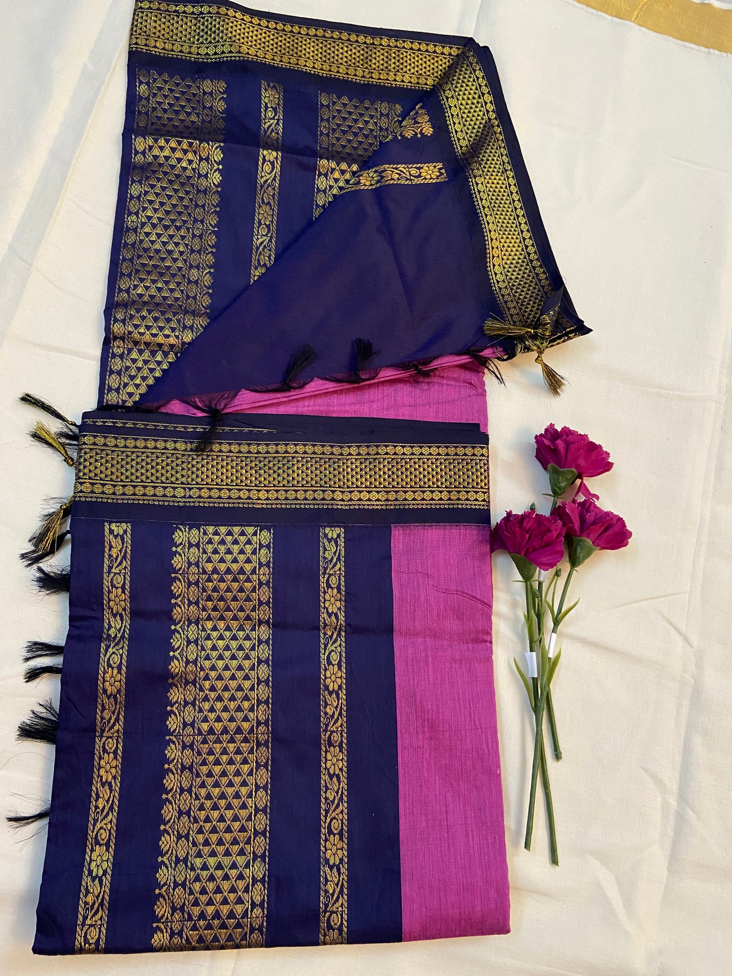 Saree -Kalyani cotton Pink & Navy Blue