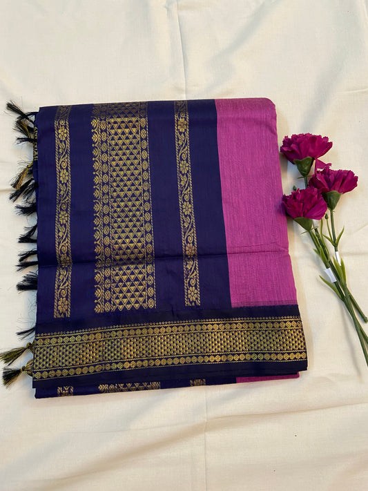 Saree -Kalyani cotton Pink & Navy Blue